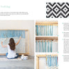 A woman weaves a light blue and white rug on a large wooden loom, demonstrating intermediate skills from "Welcome to Weaving 2" by Schiffer Publishing, Ltd., with project instructions and patterns visible beside her.