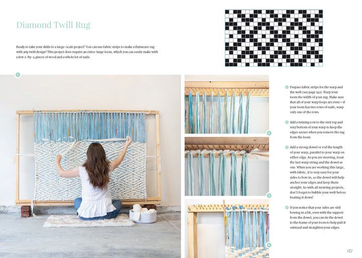 A woman weaves a light blue and white rug on a large wooden loom, demonstrating intermediate skills from "Welcome to Weaving 2" by Schiffer Publishing, Ltd., with project instructions and patterns visible beside her.