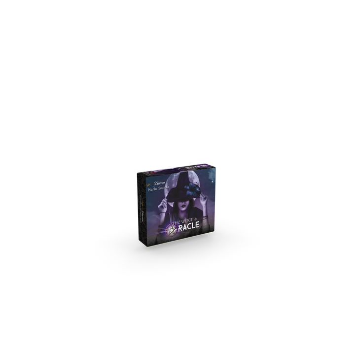 The Witch’s Oracle, 2nd Edition by Schiffer Publishing, Ltd. is a tarot card box featuring a hooded figure with a crystal ball, evoking crystal magick. The mystical deck appears against a dark background on a plain white surface.