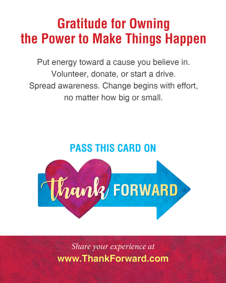 The Thank Forward card by Schiffer Publishing, Ltd. features a heart and arrow with “Thank Forward,” encouraging gratitude, kindness, giving back, and positivity. The website thankforward.com appears at the bottom.