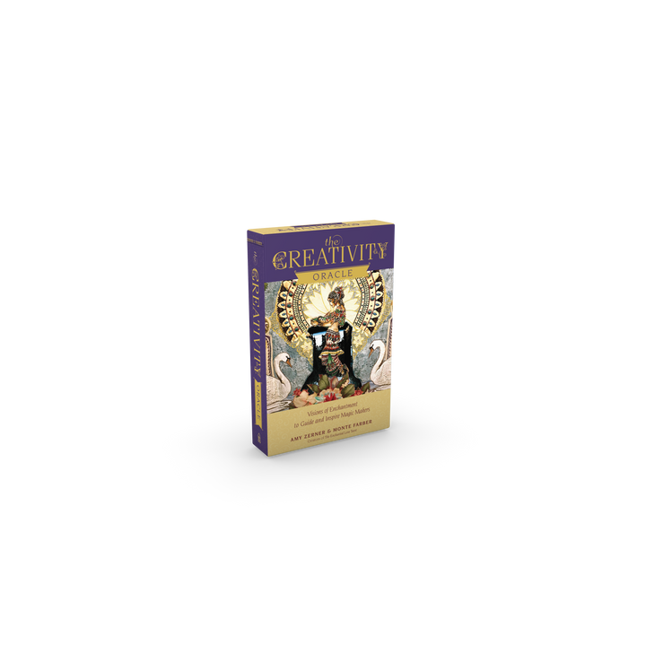 The Creativity Oracle by Schiffer Publishing, Ltd. is a boxed oracle deck set with an ornate cover featuring a central figure, two swans, a golden background, and includes an inspiring guidebook to support your creative process.