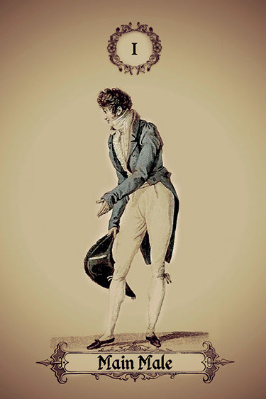 A Regency-era man in vintage attire bows with hat in hand, inspired by Kipper Oracle Cards from Schiffer Publishing, Ltd.; ornate text reads "I" above and "Main Male" below, evoking classic fortune-telling card style.