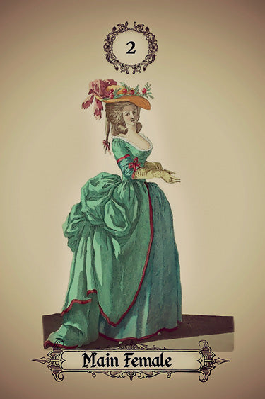 Illustration of a woman in an elaborate teal dress and floral hat holding a fan. The card, labeled 2 and Main Female, is from the Kipper Oracle Cards by Schiffer Publishing, Ltd., inspired by German divination cards.
