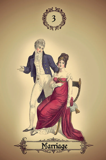 Illustration of a man in a blue coat and white trousers beside a woman in a red Regency-style dress. From Schiffer Publishing's Kipper Oracle Cards, this card is numbered 3 and features ornate “Marriage” text below.