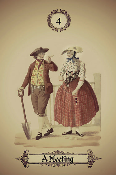 A vintage-style illustration from the Kipper Oracle Cards by Schiffer Publishing, Ltd. shows a man with a shovel and a woman in traditional clothing talking. The card is labeled 4 at the top and A Meeting at the bottom.