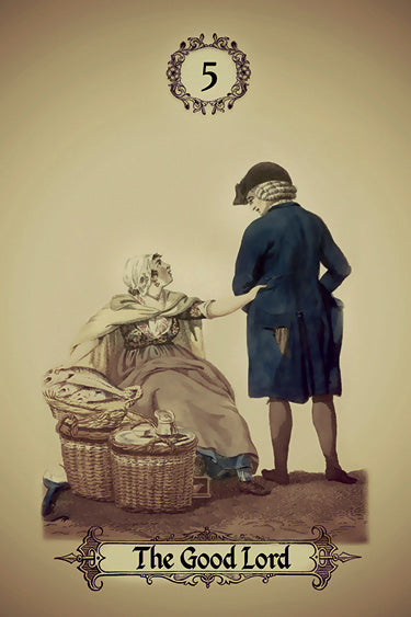 An illustration from Schiffer Publishing, Ltd.'s Kipper Oracle Cards shows a woman with baskets of bread reaching for a man in vintage attire. The ornate card, labeled 5 The Good Lord, echoes classic German fortune-telling designs.