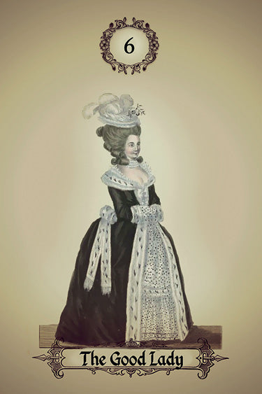 A vintage-style illustration from Schiffer Publishing, Ltd.’s Kipper Oracle Cards shows The Good Lady in an ornate 18th-century dress and hat, with the number 6 above her, evoking classic German fortune-telling card designs.