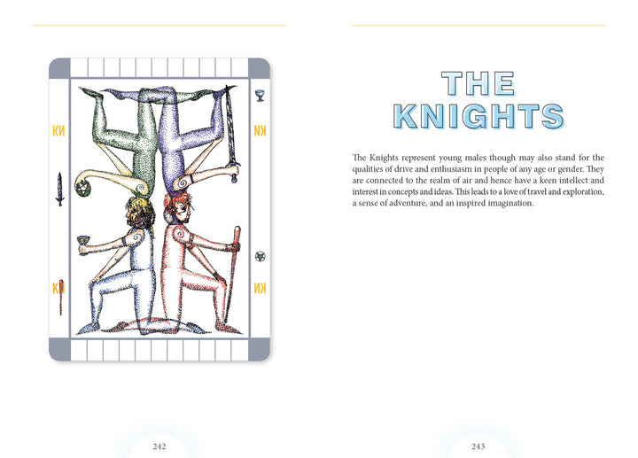 An illustrated tarot card shows mirrored armored knights, one upright, one inverted. On pages 242–243, The Transparent Tarot (2nd Edition, Deck and Guidebook Box Set) by Schiffer Publishing explores their symbolism in tarot readings.