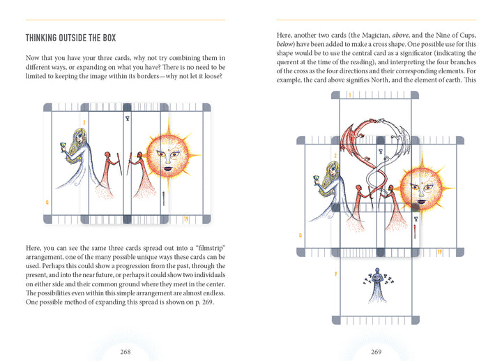 A book spread from Schiffer Publishing's The Transparent Tarot (2nd Edition, Deck and Guidebook Box Set) shows cards arranged in cross and starburst patterns with hands, faces, a sun, and instructions for new tarot deck layouts.