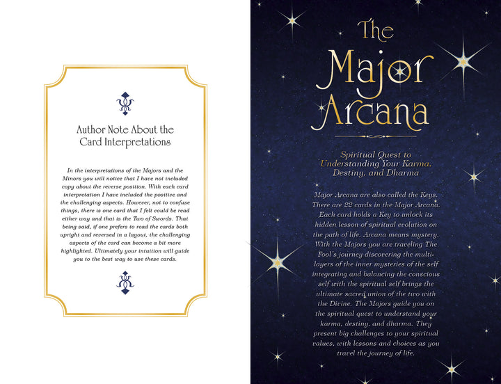 Left: Framed text discusses how The Star Tarot by Schiffer Publishing, Ltd. uses Major and Minor Arcana to guide self-discovery. Right: Starry blue background with gold "The Major Arcana" and a brief description below.