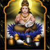 A divine figure adorned with gold jewelry sits on a blue lotus, holding a white mouse, amid treasures—like an oracle card from The Mahābhārata Oracle by Schiffer Publishing, Ltd.—golden light behind and 21 Abundance on black marble below.