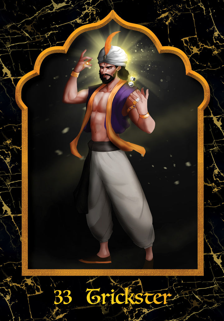 A muscular man in Middle Eastern attire stands in a golden arch, holding a glowing skull and object. Below reads “Trickster 33,” resembling an archetype card from The Mahābhārata Oracle by Schiffer Publishing, Ltd.