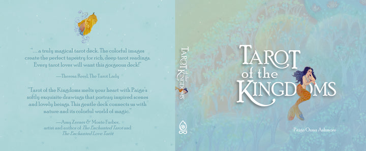 Book cover for Tarot of the Kingdoms by Schiffer Publishing, Ltd. shows a mermaid with flowing dark hair holding a golden shell, and a butterfly on the upper left—all set against a soft blue, starry background; ideal for divination.