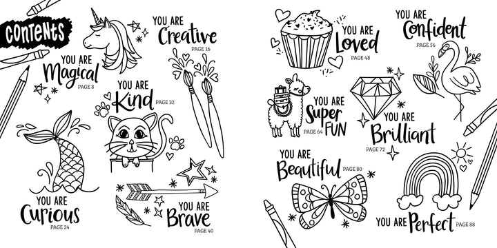 The black and white illustrated contents page from Shine Bright by Schiffer Publishing, Ltd. features doodles like a unicorn, cat, and cupcake with affirmations such as “You are Magical”—a perfect inspiration for creative teens.