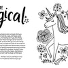 The "Shine Bright" coloring page by Schiffer Publishing, Ltd. features “You Are Magical” with a smiling rainbow, unicorn, stars, hearts, flowers, and swirls—an inspiring creativity book design for teens celebrating your unique magic.
