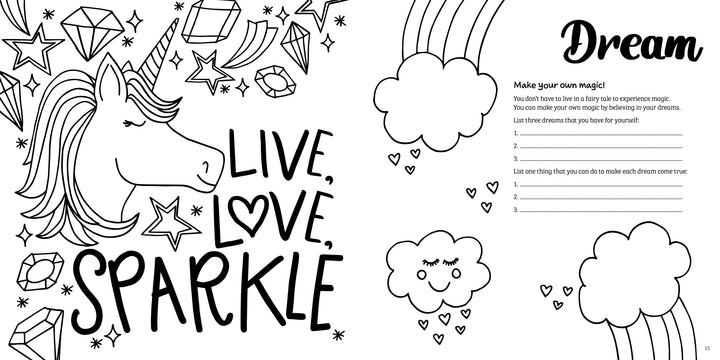 The “Shine Bright” coloring page from Schiffer Publishing, Ltd. features a unicorn, stars, gems, and the phrase “Live, Love, Sparkle,” with rainbows and clouds framing a lined writing prompt titled “Dream: Make your own magic!”.