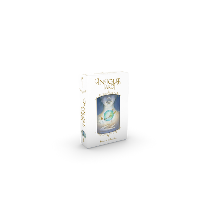 Insight Tarot by Schiffer Publishing, Ltd. comes in a white box with gold text and watercolor art of a globe, crystal ball, and feather on the front, set against a pale background—perfect for divination and depth psychology exploration.