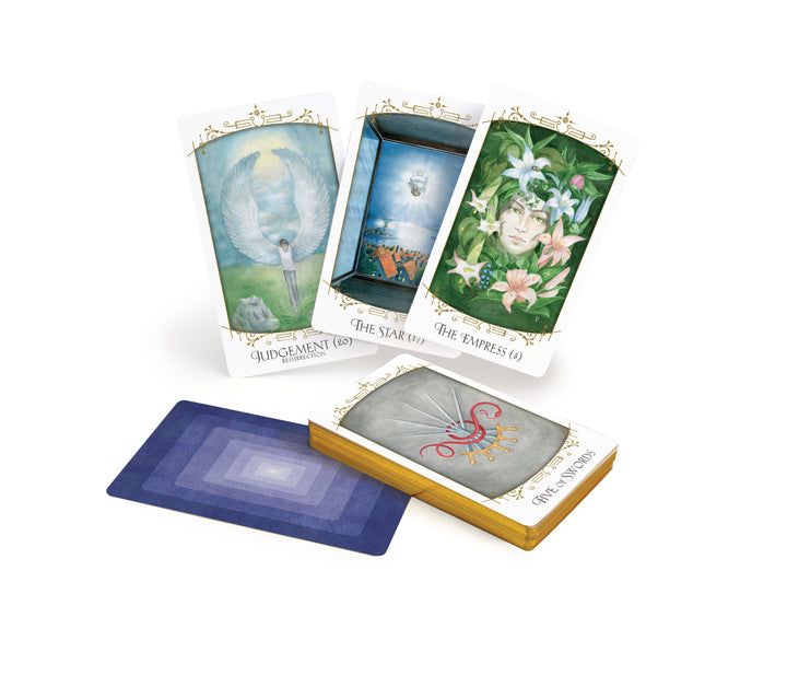 Insight Tarot by Schiffer Publishing, Ltd. displayed on a white background: three cards—Judgement, The Star, and The Empress—are fanned out for divination, with a face-down deck topped by the Five of Swords.