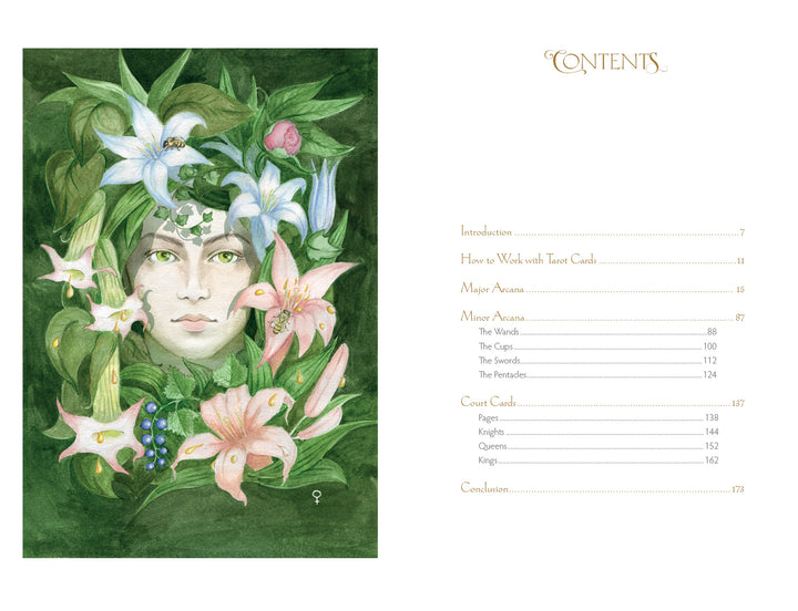 A watercolor illustration of a woman's face with green leaves and flowers frames the "Insight Tarot" by Schiffer Publishing, Ltd., with an elegant, serifed contents page for the divination-focused guidebook shown on the right.