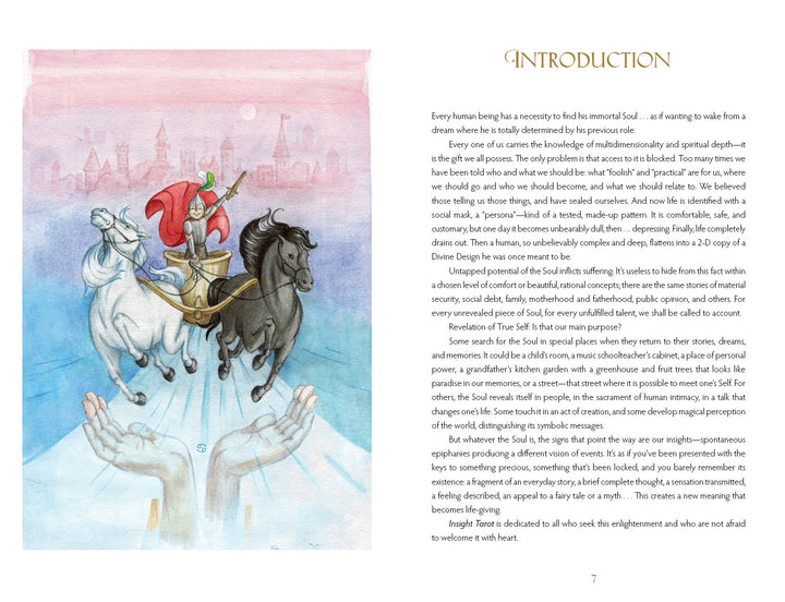 The left page of Insight Tarot by Schiffer Publishing, Ltd. displays a tarot-inspired painting—a rider in a red cloak on a white horse pursued by a dark figure, with hands and city silhouettes below—while the right page offers introductory text.