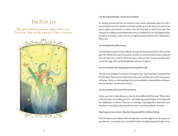 The Insight Tarot by Schiffer Publishing, Ltd. features an illustrated card of The Fool (0), depicting a figure with raised arms amid stars and sunlight, with golden accents and pages exploring The Fool’s tarot symbolism.