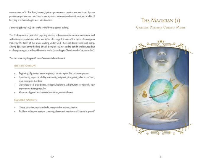 A two-page spread from Insight Tarot by Schiffer Publishing, Ltd. displays “The Magician”: an ethereal figure with a crystal sphere, surrounded by floating symbols—lemniscate, planet, keys, book, and potion—signifying divination and depth psychology.