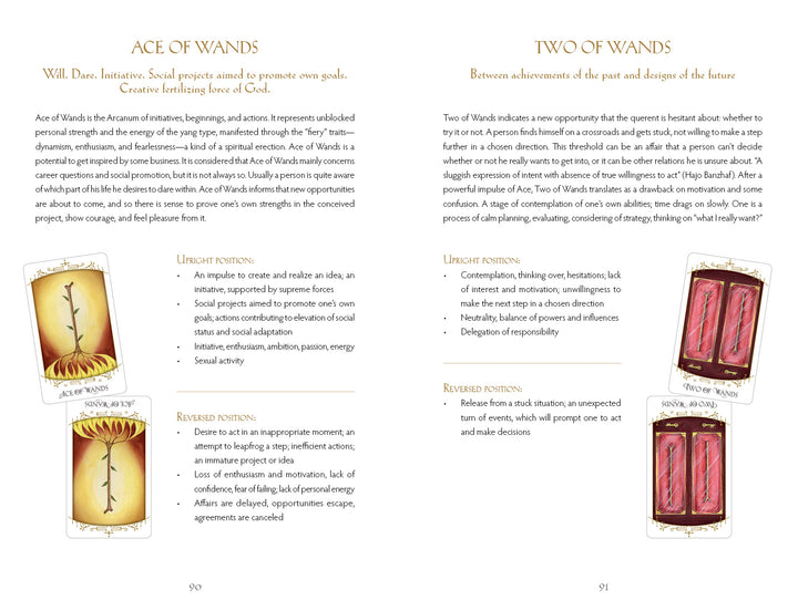 Two pages from the Insight Tarot guidebook by Schiffer Publishing, Ltd., feature the Ace of Wands and Two of Wands with illustrations plus upright and reversed meanings—ideal for divination or exploring depth psychology through tarot.