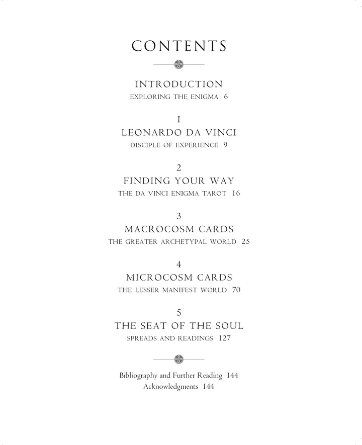 The Da Vinci Enigma Tarot (Deck and Guidebook Box Set) by Schiffer Publishing, Ltd. features a table of contents with an introduction, five chapters on Leonardo da Vinci, the tarot, archetypes, spirituality, plus bibliography and acknowledgments with page numbers.