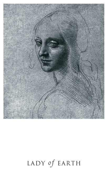 A pencil sketch of a wavy-haired woman gazes at the viewer on a textured gray background. Below, “LADY of EARTH” appears in elegant serif font, inspired by Da Vinci Enigma Tarot (Schiffer Publishing, Ltd.) artistry.