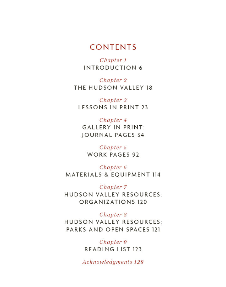 The Sketchbook Traveler Hudson Valley by Schiffer Publishing, Ltd. features a table of contents in red and black text, listing the introduction, lessons, gallery, visual journals, work pages, materials, local resources, reading list, and acknowledgments.