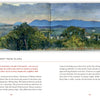 In Schiffer Publishing, Ltd.’s Sketchbook Traveler Hudson Valley, a watercolor of the Catskill Mountains viewed from Olana stretches across two pages, with lush green trees, blue peaks, a soft sky, and descriptive notes like a travel journal.