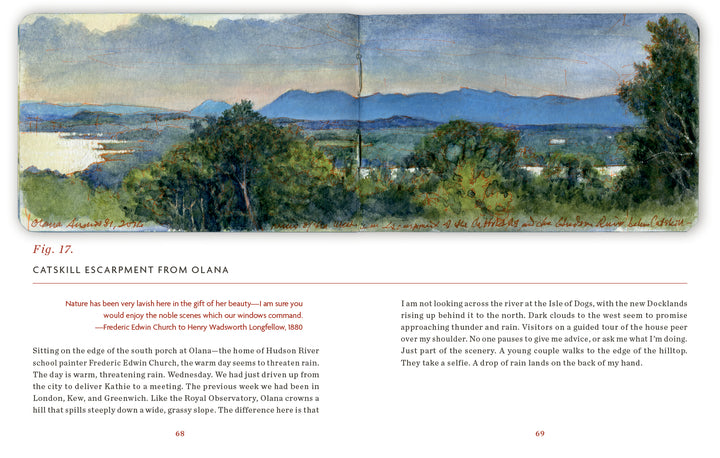 In Schiffer Publishing, Ltd.’s Sketchbook Traveler Hudson Valley, a watercolor of the Catskill Mountains viewed from Olana stretches across two pages, with lush green trees, blue peaks, a soft sky, and descriptive notes like a travel journal.