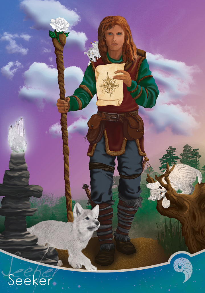 A fantasy adventurer with long auburn hair holds a staff with a white rose and map, flanked by a white wolf and two cats amid crystals and trees beneath a purple-blue sky. "Seeker" appears below. Eternal Seeker Oracle by Schiffer Publishing, Ltd.