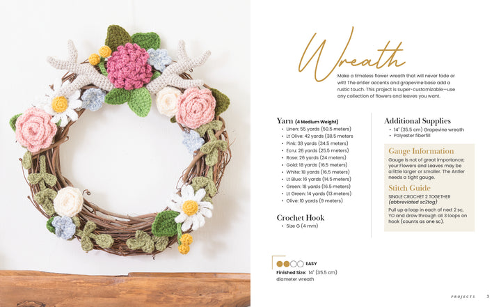 Modern Crochet Garden by Schiffer Publishing, Ltd. is displayed on a wall, featuring handmade pink, cream, and green crocheted flowers, leaves, and succulents. Instructions and materials for making the wreath appear to the right.