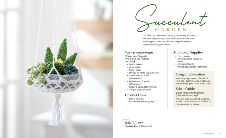The Modern Crochet Garden by Schiffer Publishing, Ltd. shows a white crocheted hanger with crochet succulents indoors, alongside text with yarn/supply lists, hook size, and instructions to create your own crochet succulent garden.