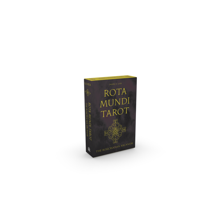 A box of Rota Mundi Tarot from Schiffer Publishing, Ltd. sits on a white background. The dark, gold-lettered box features an ornate design, alluding to Kabbalah and Rosicrucian mysteries explored within its tarot cards.