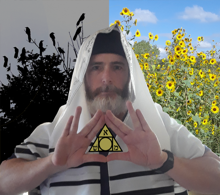 A bearded man in a white and black shawl holds a Hebrew-inscribed triangle, reflecting Kabbalah from the Rota Mundi Tarot by Schiffer Publishing, Ltd.; black crows perch on the left, while sunflowers bloom under a blue sky on the right.