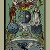 An ornate illustration from the Rota Mundi Tarot by Schiffer Publishing, Ltd., shows a crowned man and woman with birds on celestial spheres, amid Latin text, symbols, mythic figures, and Rosicrucian themes.