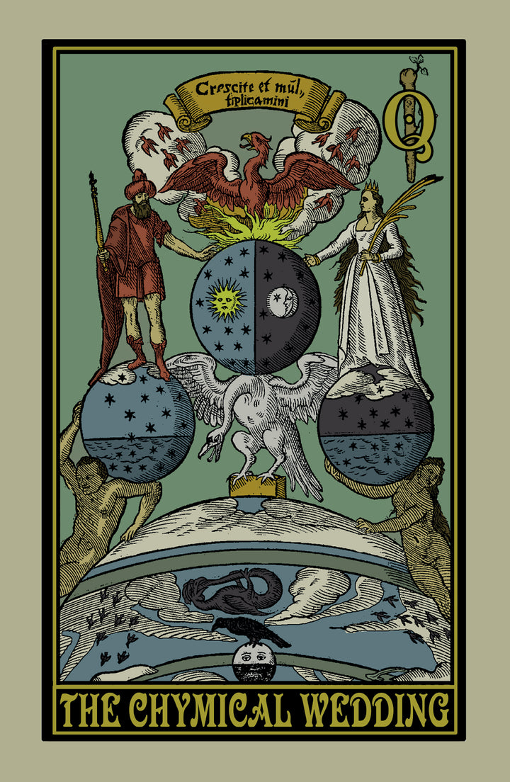 An ornate illustration from the Rota Mundi Tarot by Schiffer Publishing, Ltd., shows a crowned man and woman with birds on celestial spheres, amid Latin text, symbols, mythic figures, and Rosicrucian themes.