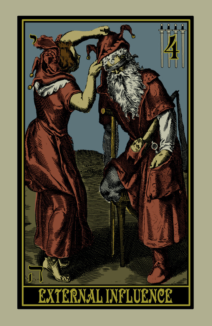 An illustrated card from the Rota Mundi Tarot by Schiffer Publishing, Ltd. shows a woman in red adjusting a bearded man's hat as he leans on a cane; labeled External Influence, it features the number four and four swords in the top right corner.