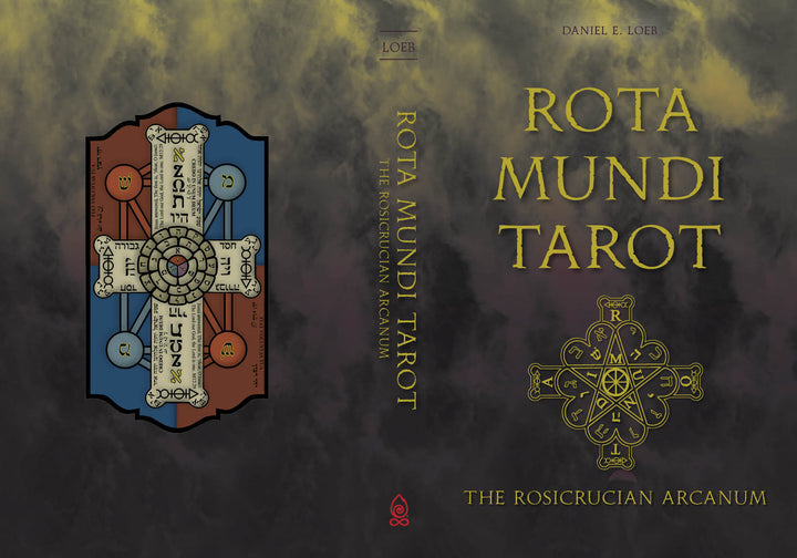 Rota Mundi Tarot book cover by Schiffer Publishing, Ltd. features intricate esoteric symbols and a cross with occult markings, inspired by the Kabbalah Tarot. Gold title text stands out on a dark, textured background.