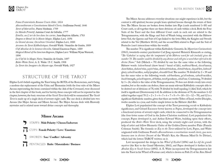 A Rota Mundi Tarot page by Schiffer Publishing, Ltd. covers the deck’s structure, famous tarot decks, Minor Arcana symbolism and correspondences, with decorative symbols and Hebrew characters shown under each suit’s heading.