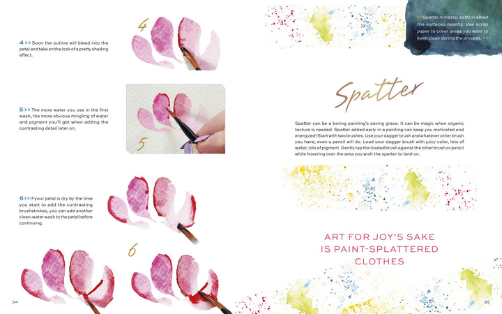 Step-by-step watercolor tutorial from Schiffer Publishing, Ltd.'s "How to Make Art for Joy’s Sake," with close-up images, watercolor technique tips, colorful splashes, and the word Spatter for added inspiration.