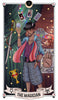The Magician card from the Auset Gypsy Tarot by Schiffer Publishing, Ltd. depicts a man in a hat holding a glowing orb before a curtain with floating objects and astrological symbols, blending spiritual insight with mystic lights.