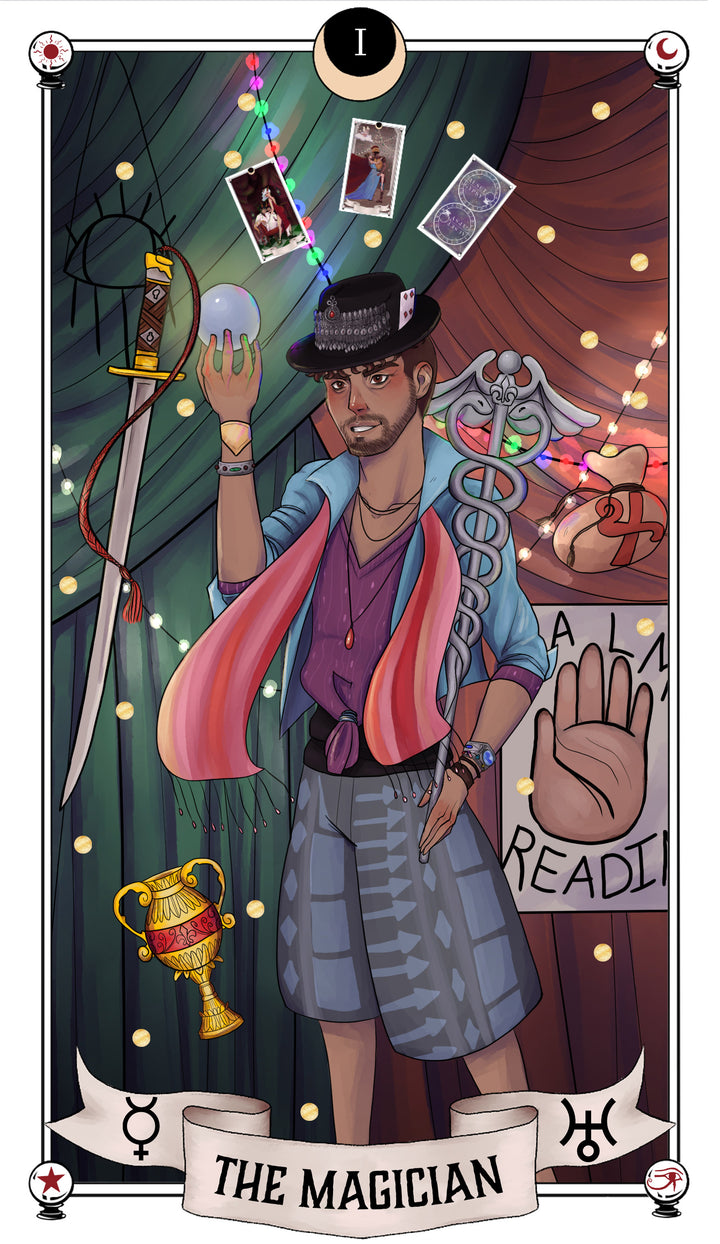 The Magician card from the Auset Gypsy Tarot by Schiffer Publishing, Ltd. depicts a man in a hat holding a glowing orb before a curtain with floating objects and astrological symbols, blending spiritual insight with mystic lights.