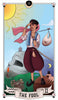 The Fool card from the Auset Gypsy Tarot by Schiffer Publishing, Ltd. shows a traveler in loose red pants, pink scarf, and cap with a bundle on a stick, standing on a hill under the sun near a village, dog, and cliff with a face.