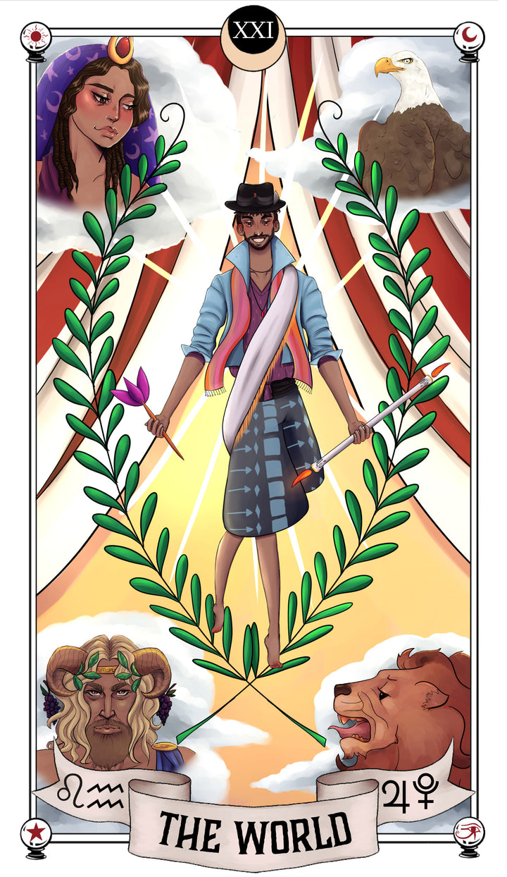“The World” card from the Auset Gypsy Tarot by Schiffer Publishing, Ltd. shows a central figure with a hat and shawl inside a wreath, encircled by a woman, eagle, ram, and lion among clouds and draped curtains.