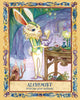 A white rabbit in a vest mixes potions at a glowing, whimsical table. Candles and swirling patterns fill the magical cave. Text reads, Secret Woods by Schiffer Publishing, Ltd.: Healing art cards for inspiration and an improved outlook.