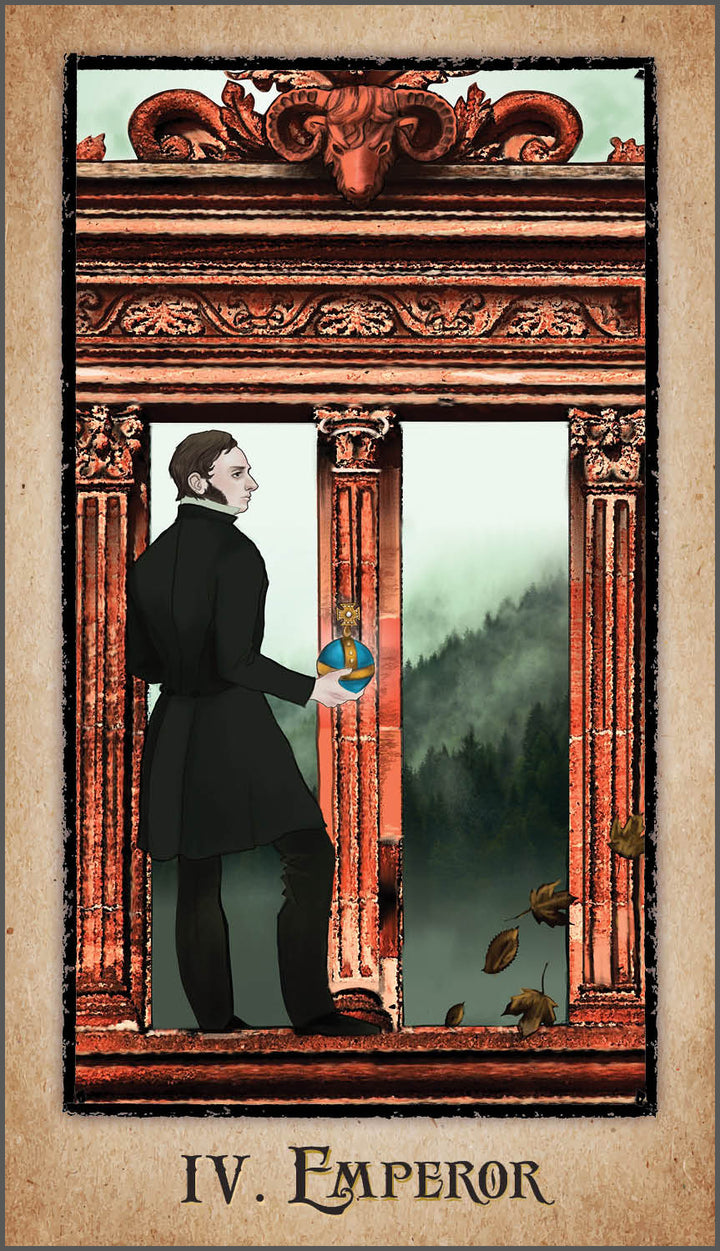 A tarot card from The American Renaissance Tarot by Schiffer Publishing, Ltd. features a man in a dark coat holding a crown before a red stone structure topped with a ram’s head, set against misty green hills and falling leaves.