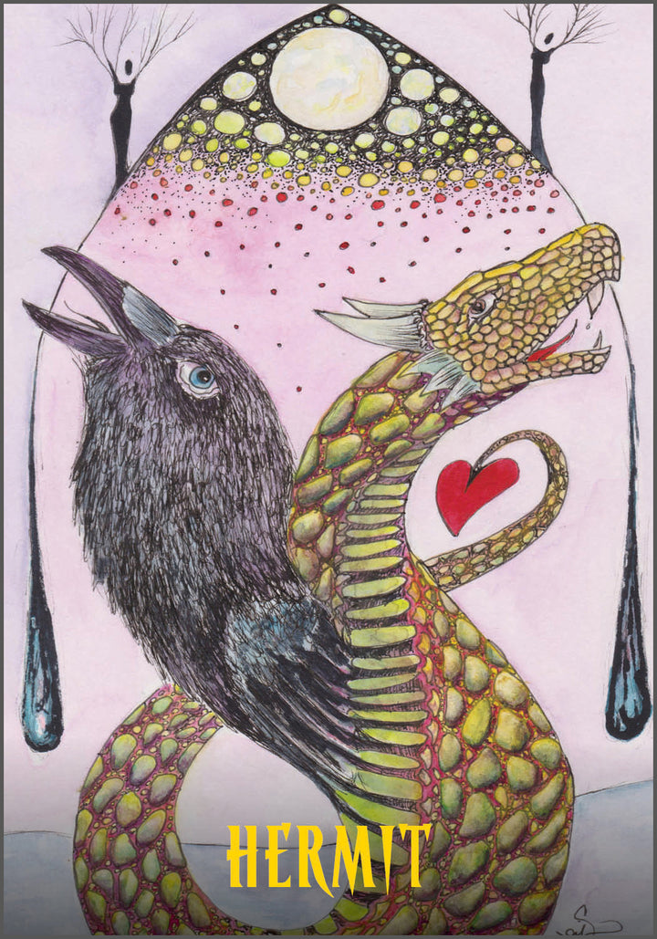 A mystical illustration from the Ravyness Drakon Tarot by Schiffer Publishing, Ltd. depicts a crow and dragon entwined with a red heart, under a full moon above geometric mountains; “HERMIT” is boldly printed below.